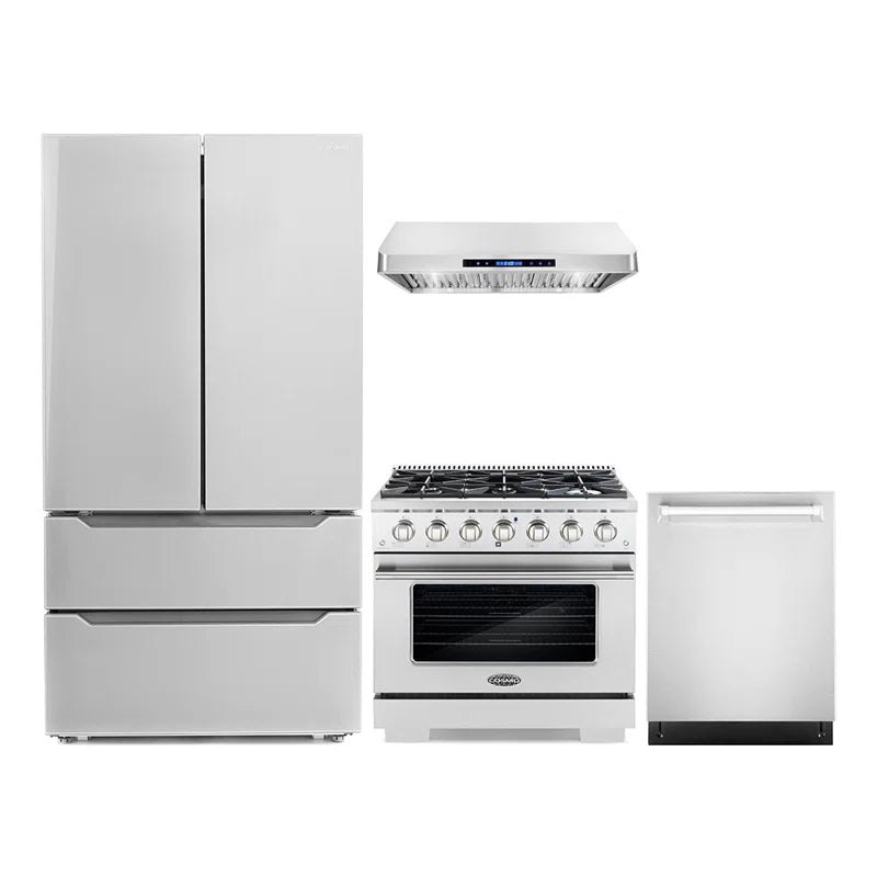 Cosmo 4-Piece, 36″ Gas Range, 36″ Range Hood, 24″ Dishwasher and Refrigerator - COS-4PKG-020