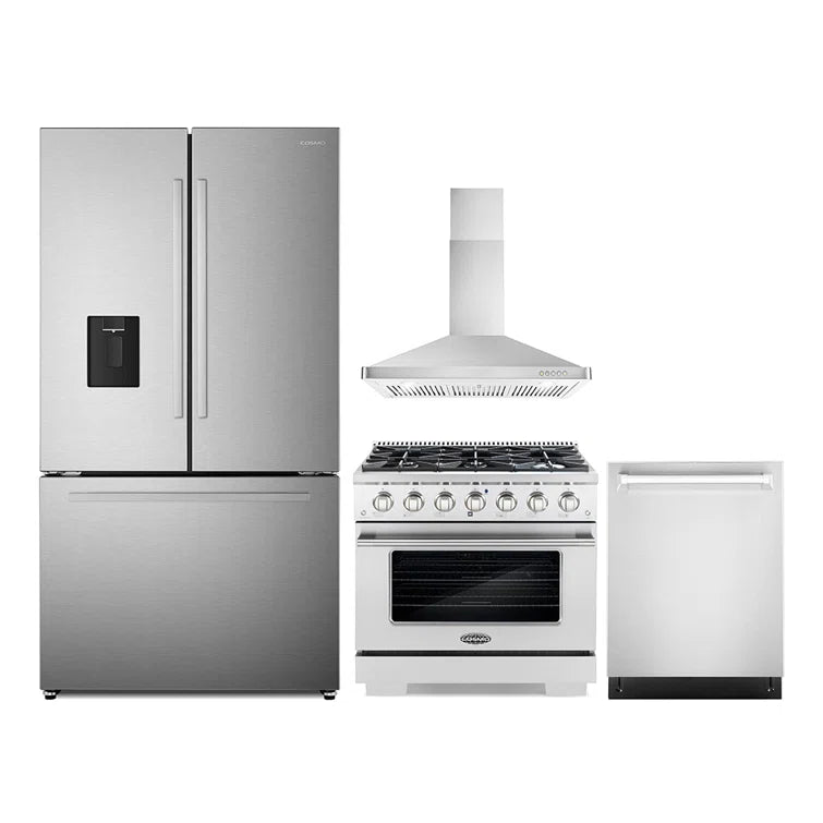 Cosmo 4PC Package 36″ Gas Range 36″ Wall Mount Range Hood 24″ Dishwasher & 36″ French Door Refrigerator - COS-4PKG-626