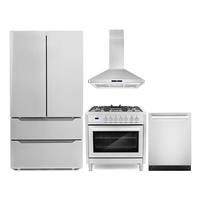 Cosmo 4-Piece, 36″ 240V Dual Fuel Range, 36″ Range Hood, Dishwasher and Refrigerator - COS-4PKG-082