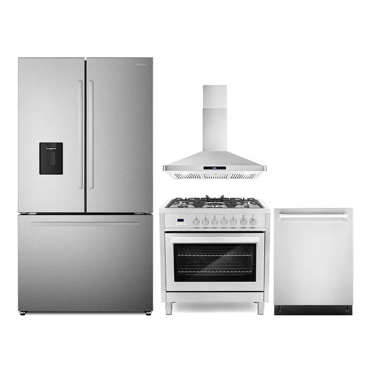Cosmo 4PC Package 36″ Dual Fuel Range 36″ Wall Mount Range Hood 24″ Dishwasher & 36″ French Door Refrigerator - COS-4PKG-679