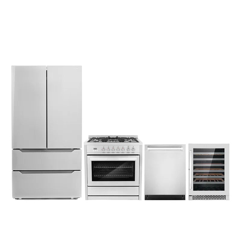 Cosmo 4-Piece, 36″ Range, 24″ Dishwasher, Refrigerator and 48 Bottle Wine Cooler - COS-4PKG-025