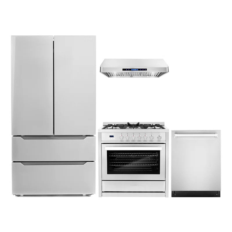 Cosmo 4-Piece, 36″ Gas Range, 36″ Range Hood, 24″ Dishwasher and Refrigerator - COS-4PKG-005