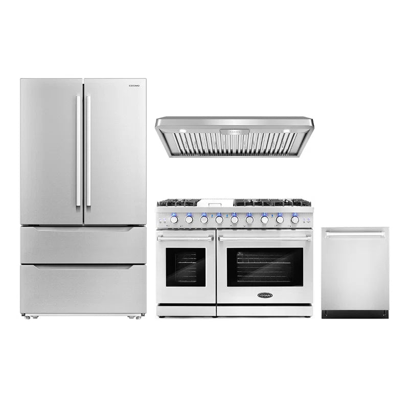 Cosmo 4 Piece, 48″ Gas Range 48″ Range Hood 24″ Dishwasher & Wine Refrigerator - COS-4PKG-258