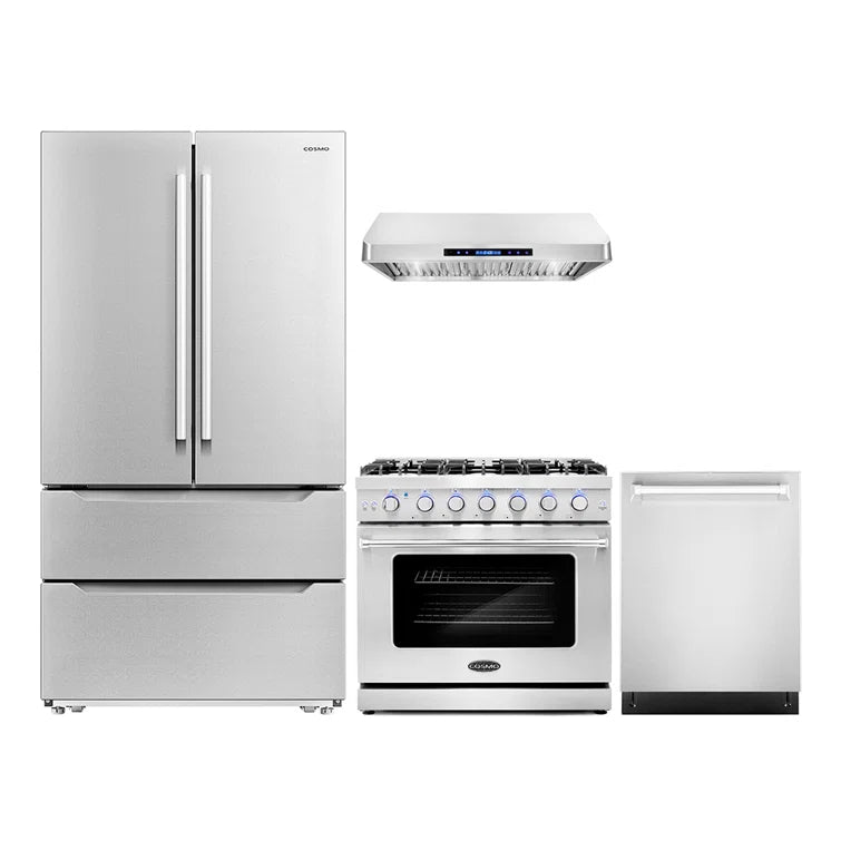 Cosmo 4 Piece, 36″ Range 36″ Range Hood 24″ Dishwasher & French Door Refrigerator - COS-4PKG-241