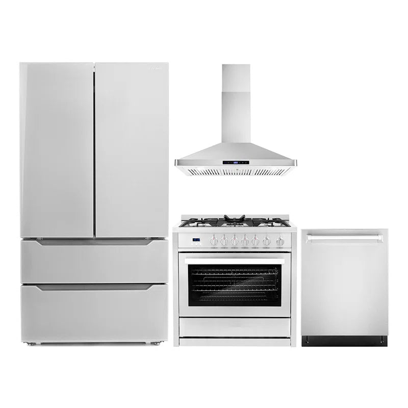 Cosmo 4-Piece, 36″ Gas Range, 36″ Range Hood, 24″ Dishwasher and Refrigerator - COS-4PKG-067