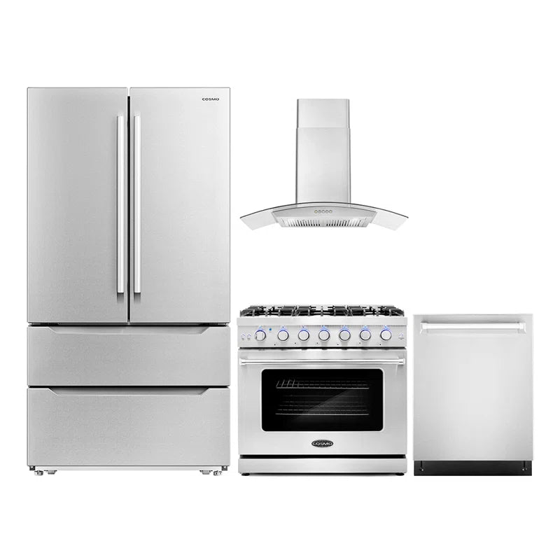 Cosmo 4 Piece, 36″ Gas Range 36″ Range Hood 24″ Dishwasher & French Door Refrigerator - COS-4PKG-256