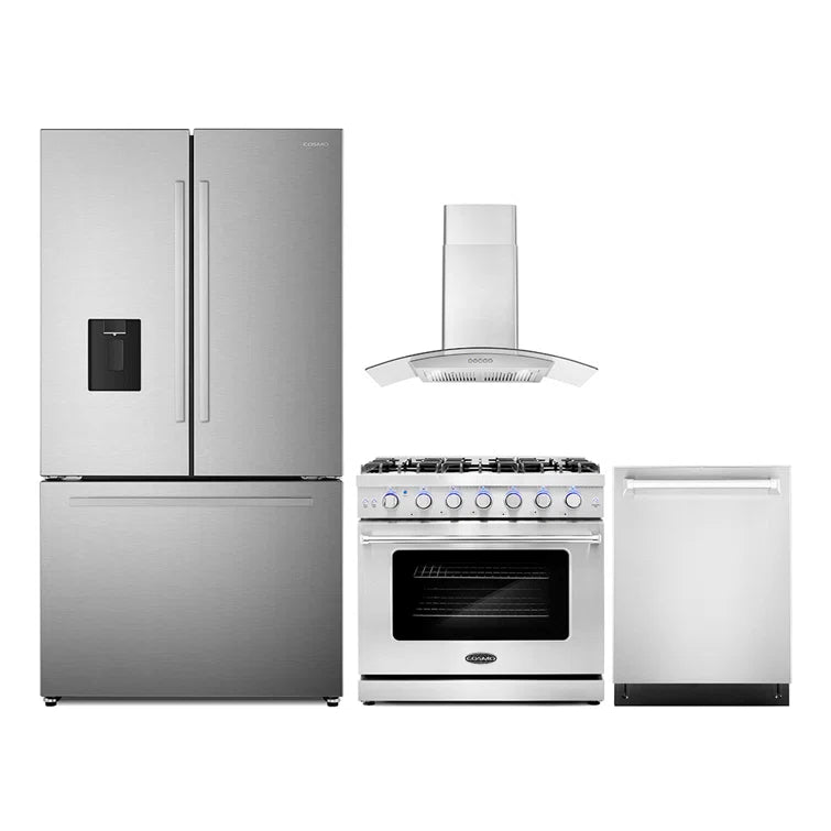 Cosmo 4PC Package 36″ Gas Range 36″ Wall Mount Range Hood 24″ Dishwasher & 36″ French Door Refrigerator - COS-4PKG-699
