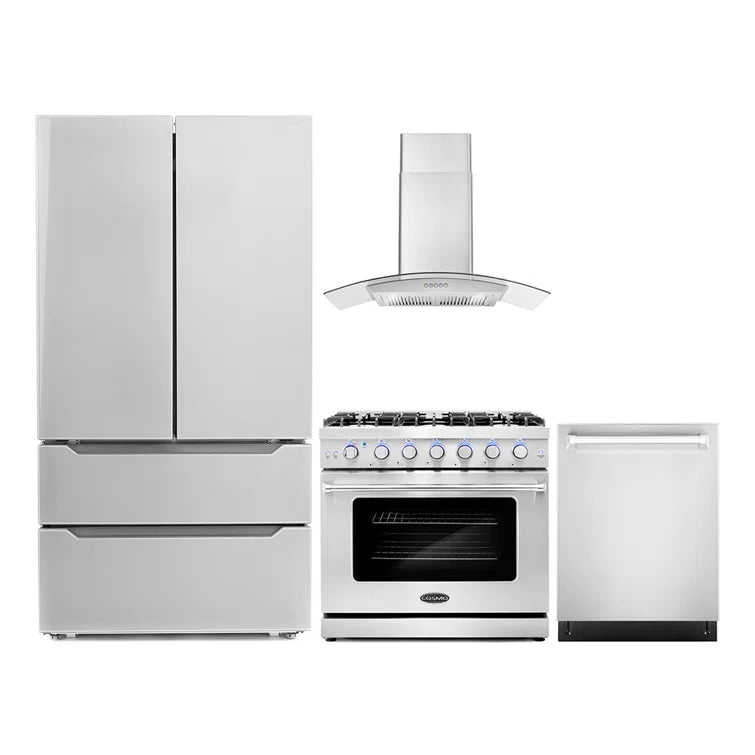 Cosmo 4-Piece, 36″ Gas Range, 36″ Range Hood, 24″ Dishwasher and Refrigerator - COS-4PKG-129