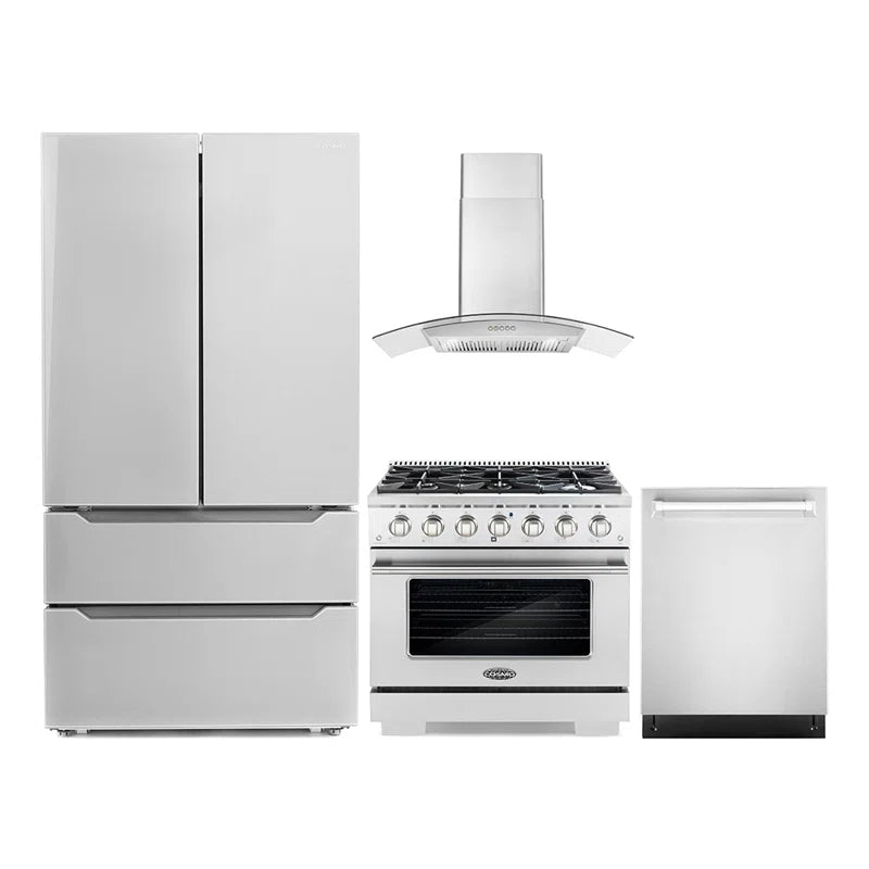 Cosmo 4-Piece, 36″ Gas Range, 36″ Range Hood, 24″ Dishwasher and Refrigerator - COS-4PKG-054