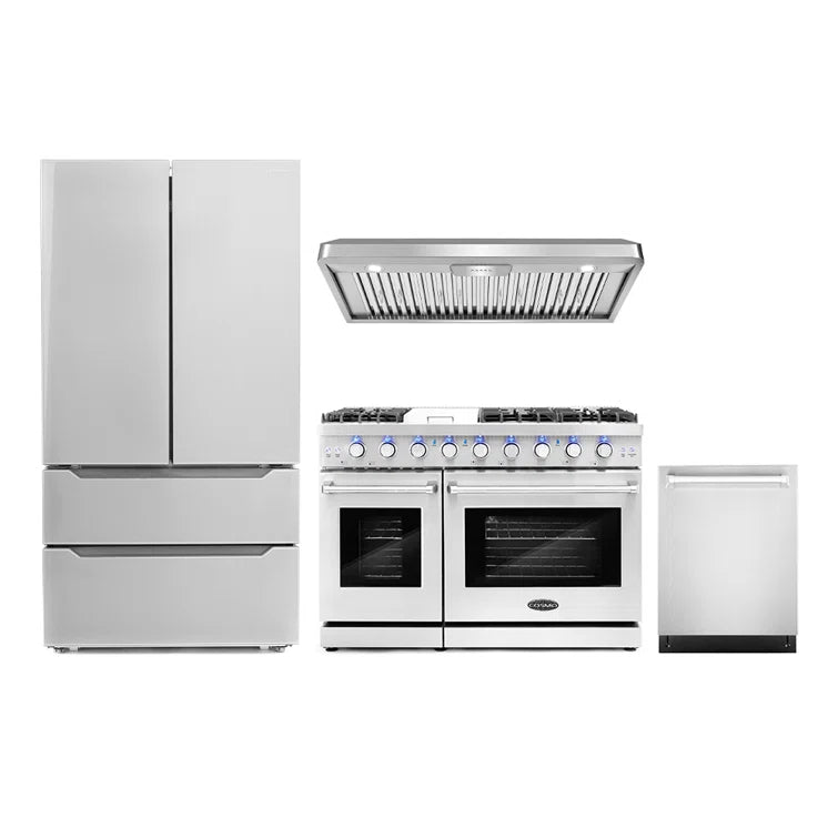 Cosmo 4-Piece, 48″ Gas Range, Range Hood, Dishwasher and 48 Bottle Wine Cooler - COS-4PKG-131