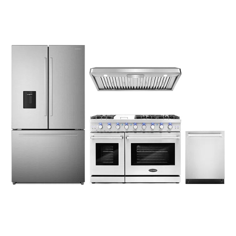 Cosmo 4PC Package 48″ Gas Range 48″ Under Cabinet Range Hood 24″ Dishwasher & 36″ French Door Refrigerator - COS-4PKG-713