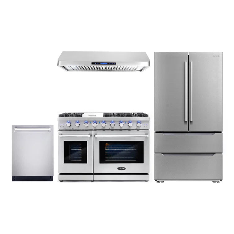 Cosmo 4 Piece, 48″ Gas Range 48″ Range Hood 24″ Dishwasher & French Door Refrigerator - COS-4PKG-250