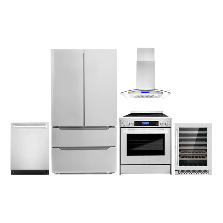 Cosmo 5-Piece Kitchen, 30″ Freestanding Electric Range and 30″ Island Range Hood - COS-5PKG-023