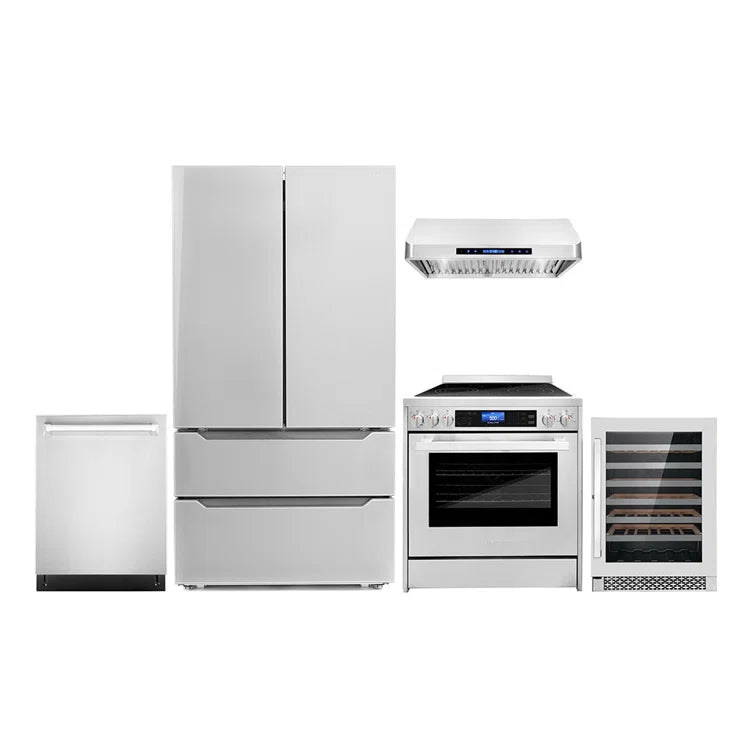 Cosmo 5-Piece, 30″ Range and Range Hood, Dishwasher, Refrigerator and Wine Cooler - COS-5PKG-001