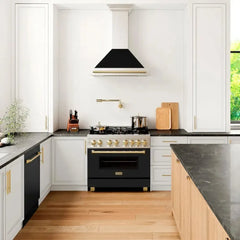 ZLINE Autograph Edition 36 in. Convertible Satin Stainless Steel Wall Mount Range Hood with Black Matte Shell and Polished Gold Handle - KB4SNZ-BLM36-G - The Home Selection