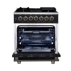 Forno Massimo 30" Dual Fuel Range with Air Fryer Basket, True Convection Oven, Matte Cast Iron Grates, and Antique Brass Handles - Black - Front Opened - The Home Selection