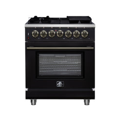 Forno Massimo 30" Dual Fuel Range with Air Fryer Basket, True Convection Oven, Matte Cast Iron Grates, and Antique Brass Handles - Black - Front - The Home Selection