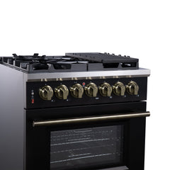 Forno Massimo 30" Dual Fuel Range with Air Fryer Basket, True Convection Oven, Matte Cast Iron Grates, and Antique Brass Handles - Black - Left Angle Close Up - The Home Selection