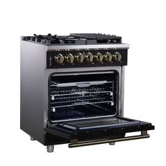 Forno Massimo 30" Dual Fuel Range with Air Fryer Basket, True Convection Oven, Matte Cast Iron Grates, and Antique Brass Handles - Black - Left Angle Opened - The Home Selection