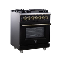 Forno Massimo 30" Dual Fuel Range with Air Fryer Basket, True Convection Oven, Matte Cast Iron Grates, and Antique Brass Handles - Black - Left Angle - The Home Selection