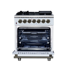 Forno Massimo 30" Dual Fuel Range with Air Fryer Basket, True Convection Oven, Matte Cast Iron Grates, and Antique Brass Handles - White - Front Opened - The Home Selection