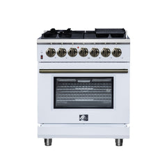 Forno Massimo 30" Dual Fuel Range with Air Fryer Basket, True Convection Oven, Matte Cast Iron Grates, and Antique Brass Handles - White - Front - The Home Selection