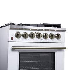 Forno Massimo 30" Dual Fuel Range with Air Fryer Basket, True Convection Oven, Matte Cast Iron Grates, and Antique Brass Handles - White - Left Angle Close Up 2 - The Home Selection