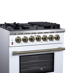 Forno Massimo 30" Dual Fuel Range with Air Fryer Basket, True Convection Oven, Matte Cast Iron Grates, and Antique Brass Handles - White - Left Angle Close Up - The Home Selection