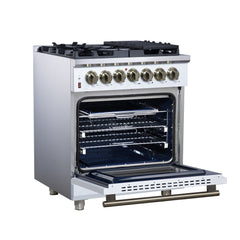 Forno Massimo 30" Dual Fuel Range with Air Fryer Basket, True Convection Oven, Matte Cast Iron Grates, and Antique Brass Handles - White - Left Angle Opened - The Home Selection
