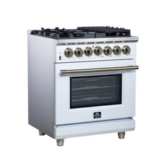 Forno Massimo 30" Dual Fuel Range with Air Fryer Basket, True Convection Oven, Matte Cast Iron Grates, and Antique Brass Handles - White - Left Angle - The Home Selection