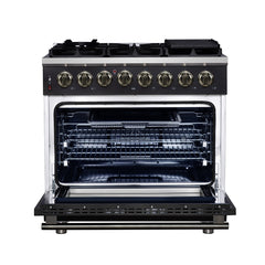 Forno Massimo 36" Dual Fuel Range with Air Fryer Basket, True Convection Oven, Matte Cast Iron Grates, and Antique Brass Handles - Black - Front Opened - The Home Selection