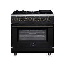 Forno Massimo 36" Dual Fuel Range with Air Fryer Basket, True Convection Oven, Matte Cast Iron Grates, and Antique Brass Handles - Black - Front - The Home Selection