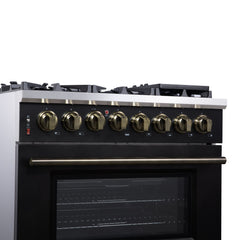 Forno Massimo 36" Dual Fuel Range with Air Fryer Basket, True Convection Oven, Matte Cast Iron Grates, and Antique Brass Handles - Black - Left Angle Close Up 2 - The Home Selection