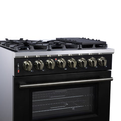 Forno Massimo 36" Dual Fuel Range with Air Fryer Basket, True Convection Oven, Matte Cast Iron Grates, and Antique Brass Handles - Black - Left Angle Close Up - The Home Selection