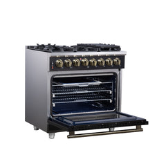 Forno Massimo 36" Dual Fuel Range with Air Fryer Basket, True Convection Oven, Matte Cast Iron Grates, and Antique Brass Handles - Black - Left Angle Opened - The Home Selection