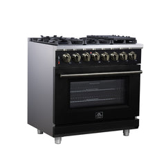 Forno Massimo 36" Dual Fuel Range with Air Fryer Basket, True Convection Oven, Matte Cast Iron Grates, and Antique Brass Handles - Black - Left Angle - The Home Selection