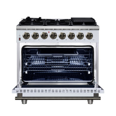 Forno Massimo 36" Dual Fuel Range with Air Fryer Basket, True Convection Oven, Matte Cast Iron Grates, and Antique Brass Handles - White - Front Opened - The Home Selection