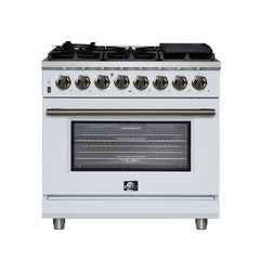 Forno Massimo 36" Dual Fuel Range with Air Fryer Basket, True Convection Oven, Matte Cast Iron Grates, and Antique Brass Handles - White - Front - The Home Selection