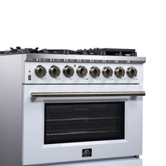Forno Massimo 36" Dual Fuel Range with Air Fryer Basket, True Convection Oven, Matte Cast Iron Grates, and Antique Brass Handles - White - Left Angle Close Up 2 - The Home Selection