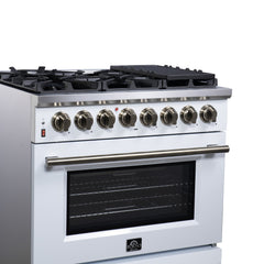 Forno Massimo 36" Dual Fuel Range with Air Fryer Basket, True Convection Oven, Matte Cast Iron Grates, and Antique Brass Handles - White - Left Angle Close Up - The Home Selection