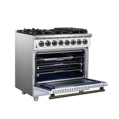 Forno Massimo 36" Dual Fuel Range with Air Fryer Basket, True Convection Oven, Matte Cast Iron Grates, and Antique Brass Handles - White - Left Angle Opened - The Home Selection