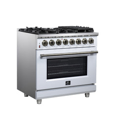 Forno Massimo 36" Dual Fuel Range with Air Fryer Basket, True Convection Oven, Matte Cast Iron Grates, and Antique Brass Handles - White - Left Angle - The Home Selection
