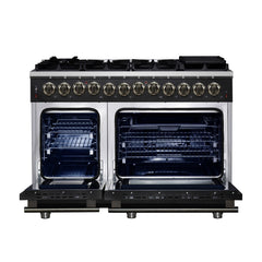 Forno Massimo 48" Dual Fuel Range with Air Fryer Basket, True Convection Oven, Matte Cast Iron Grates, and Antique Brass Handles - Black - Front Opened - The Home Selection