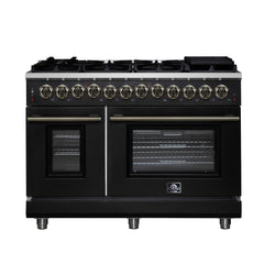 Forno Massimo 48" Dual Fuel Range with Air Fryer Basket, True Convection Oven, Matte Cast Iron Grates, and Antique Brass Handles - Black - Front - The Home Selection
