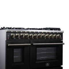 Forno Massimo 48" Dual Fuel Range with Air Fryer Basket, True Convection Oven, Matte Cast Iron Grates, and Antique Brass Handles - Black - Left Angle Close Up 2 - The Home Selection