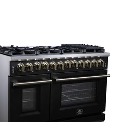 Forno Massimo 48" Dual Fuel Range with Air Fryer Basket, True Convection Oven, Matte Cast Iron Grates, and Antique Brass Handles - Black - Left Angle Close Up - The Home Selection