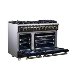 Forno Massimo 48" Dual Fuel Range with Air Fryer Basket, True Convection Oven, Matte Cast Iron Grates, and Antique Brass Handles - Black - Left Angle Opened - The Home Selection