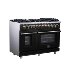 Forno Massimo 48" Dual Fuel Range with Air Fryer Basket, True Convection Oven, Matte Cast Iron Grates, and Antique Brass Handles - Black - Left Angle - The Home Selection