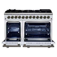 Forno Massimo 48" Dual Fuel Range with Air Fryer Basket, True Convection Oven, Matte Cast Iron Grates, and Antique Brass Handles - White - Front Opened - The Home Selection