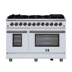 Forno Massimo 48" Dual Fuel Range with Air Fryer Basket, True Convection Oven, Matte Cast Iron Grates, and Antique Brass Handles - White - Front - The Home Selection
